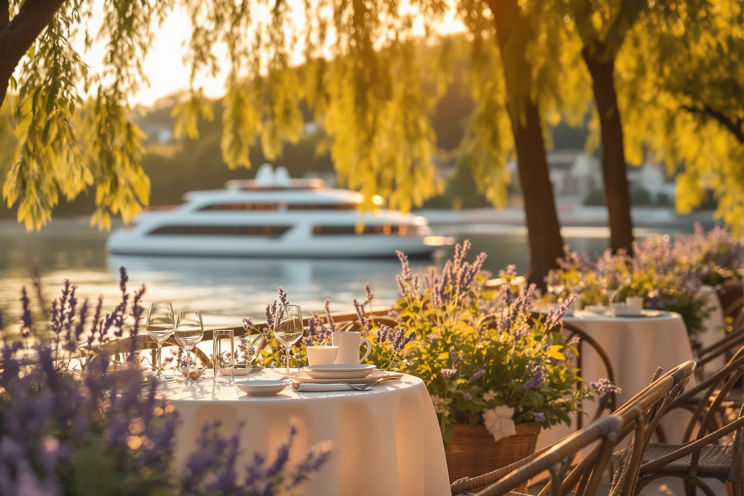 A small river ship moored beside a stone village in the French countryside