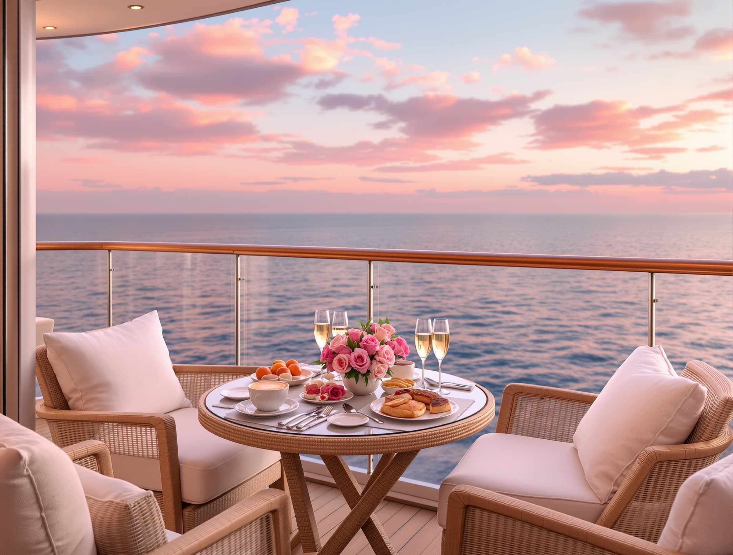 Breakfast with roses and champagne on a private suite balcony at sea