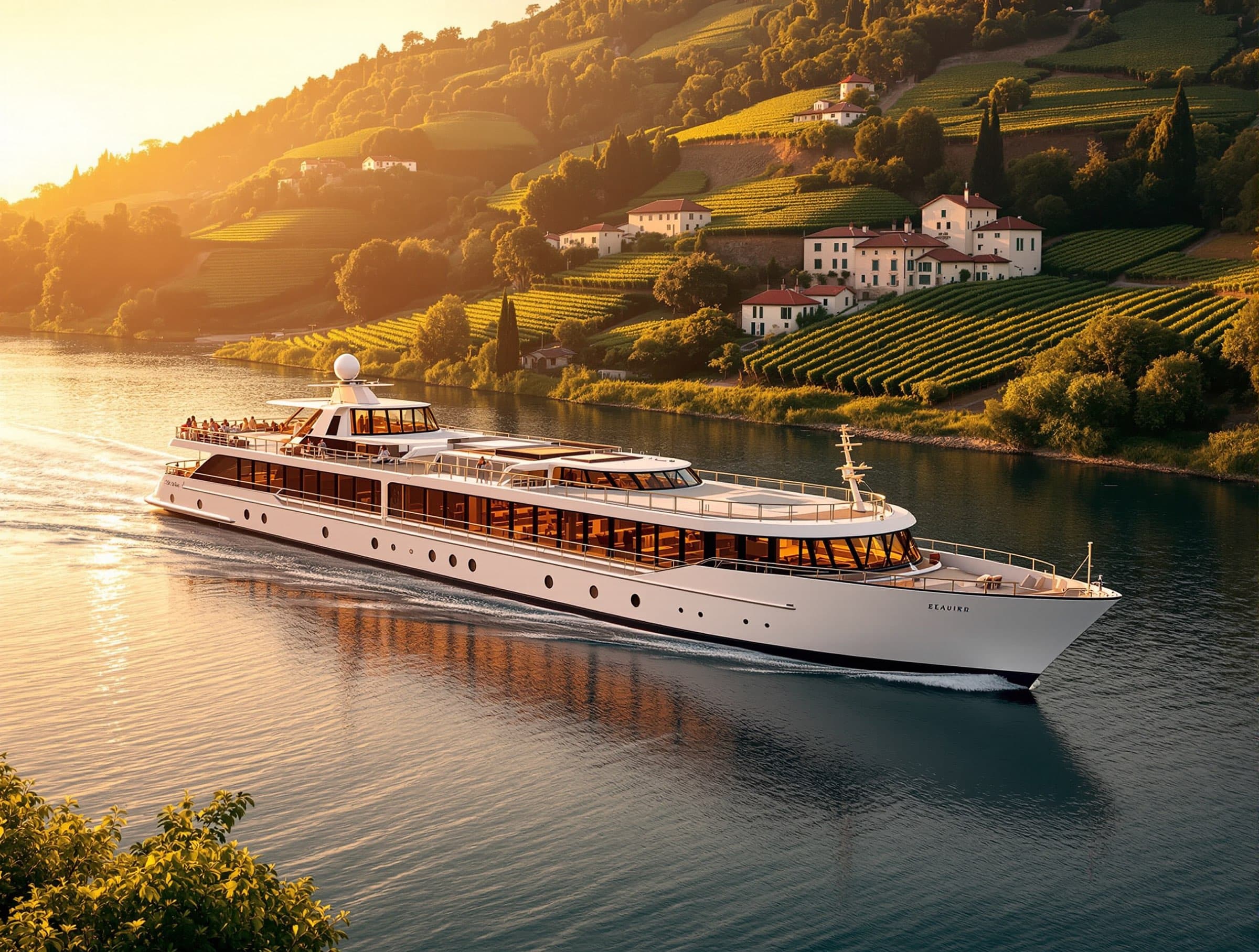 A river ship gliding past terraced vineyards at golden hour
